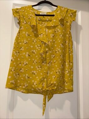 Monteau Mustard Yellow Floral Ruffle Tie-Front Top